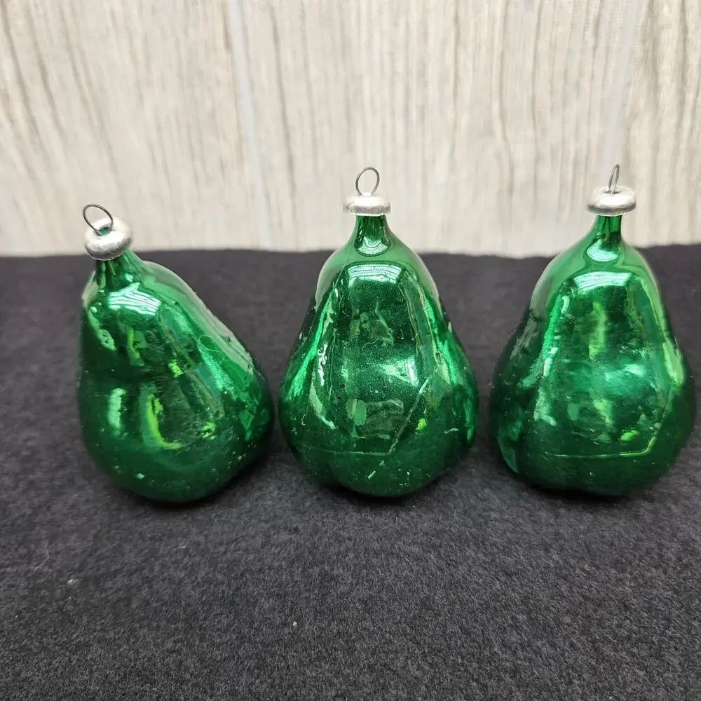 Vintage Green Blown Glass Pear‎ Christmas Ornaments Lot Set of 3 Holiday Decor